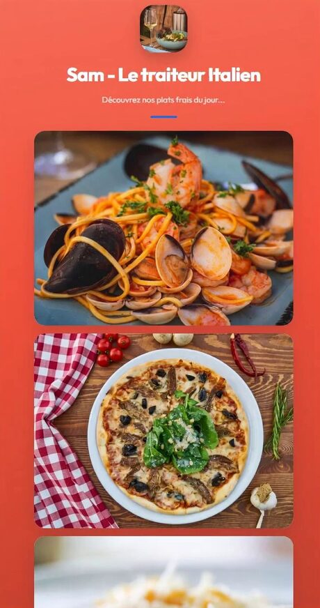 Une page Ardoise sur smartphone : Sam, le traiteur italien