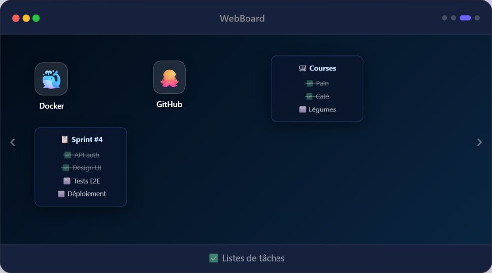 Un bureau WebBoard avec favoris et listes de t&acirc;ches